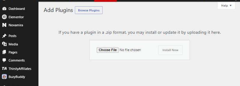 WordPress Add Plugins screen with the Upload Plugin form