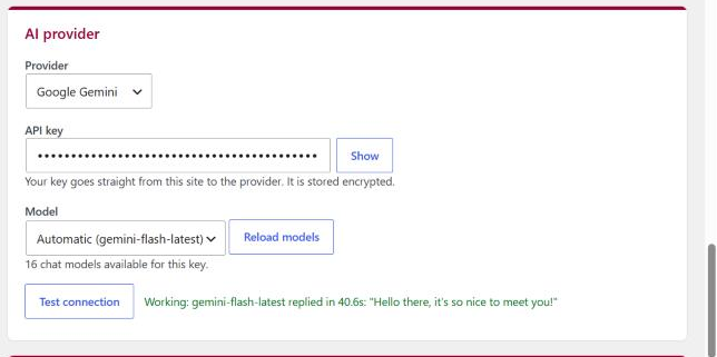 BuzyBuddy Settings: AI provider, API key, model and Test connection