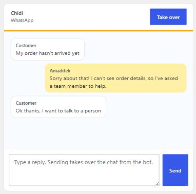BuzyBuddy Inbox: a WhatsApp chat waiting for a person, with Take over