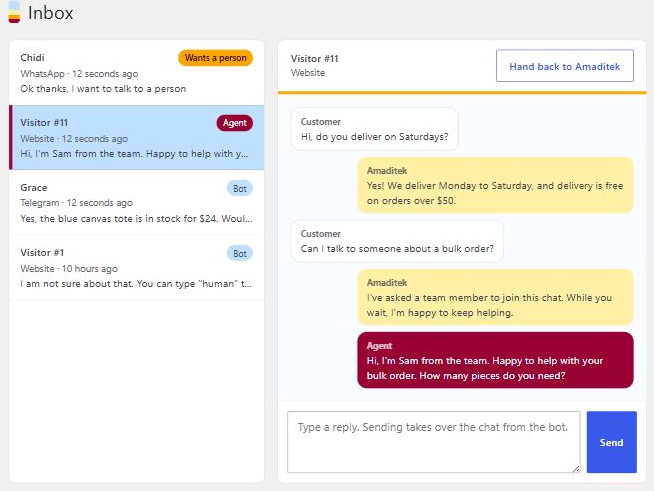 BuzyBuddy Inbox: a team member replying, with Hand back