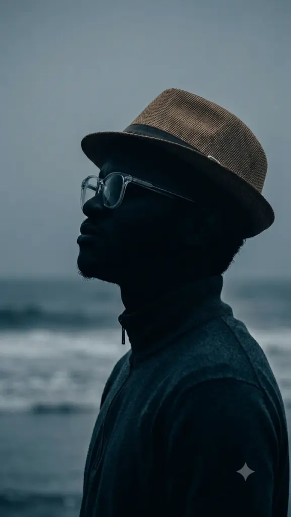 Jason Amadiegwu in profile by the sea, wearing a hat