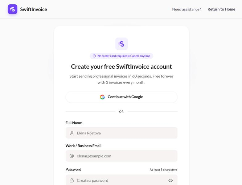 SwiftInvoice sign-up page