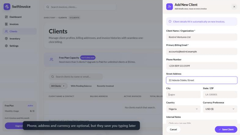 SwiftInvoice app: Add New Client panel