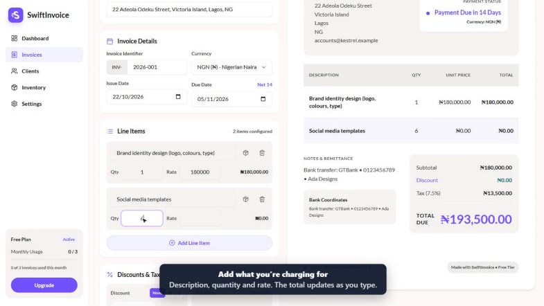 SwiftInvoice invoice editor: line items with a live preview