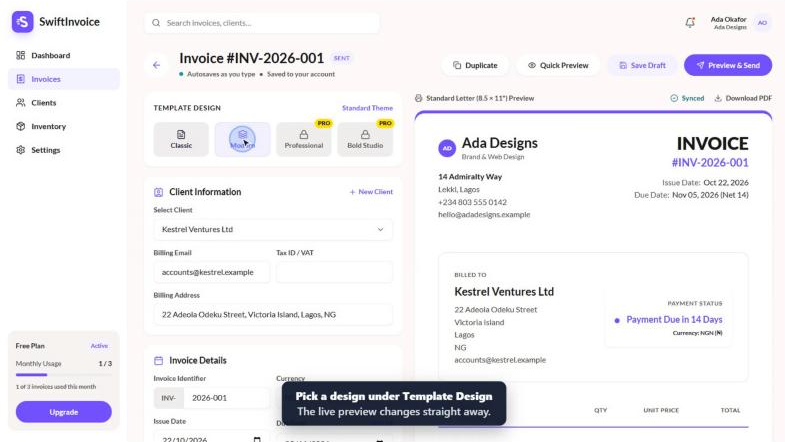 SwiftInvoice invoice editor: Template Design picker