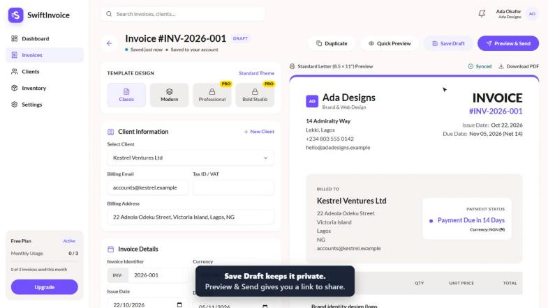 SwiftInvoice invoice editor: Save Draft and Preview & Send