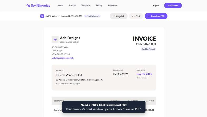 SwiftInvoice public invoice link with Copy link, Print and Download PDF