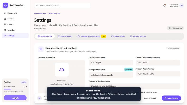 SwiftInvoice Settings: Business Profile