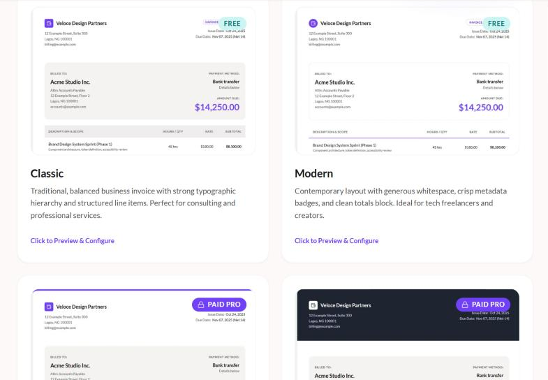 SwiftInvoice invoice templates page