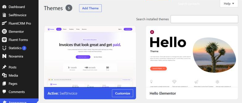 WordPress Themes screen with the SwiftInvoice theme active