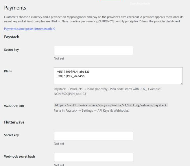SwiftInvoice Payments screen with Paystack keys, plans and webhook URL