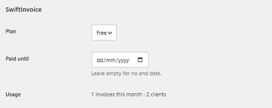 SwiftInvoice Plan and Paid until settings on a user profile